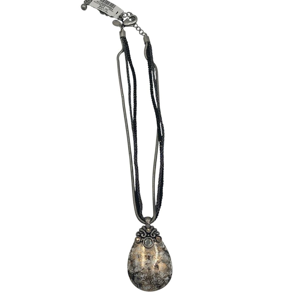 New Chico's Boho Marbled Necklace Black Silver NWT